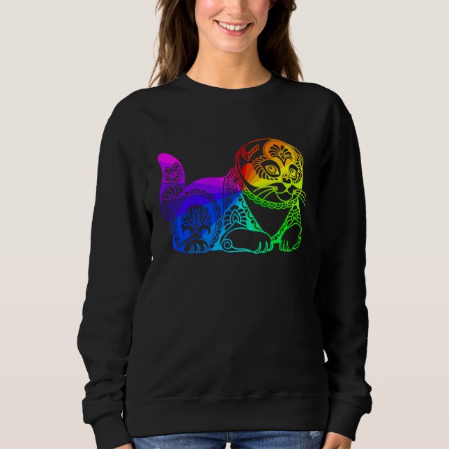 Cat Mandala Rainbow Kitty Geometric Yoga Meditatio T Shirt (Framsida)