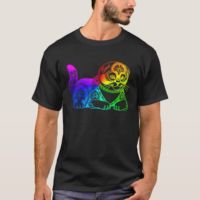 Cat Mandala Rainbow Kitty Geometric Yoga Meditatio T Shirt (Framsida)