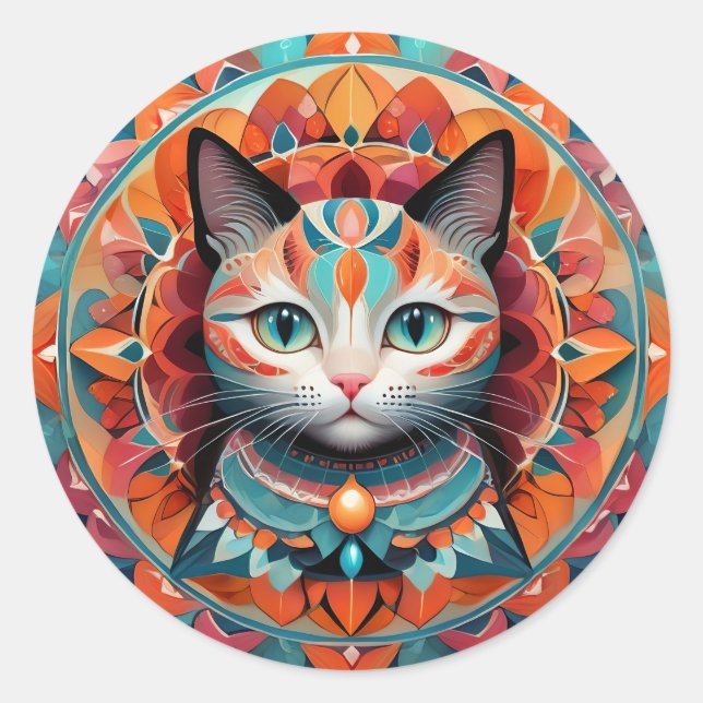 Cat Mandala Runt Klistermärke (Framsida)