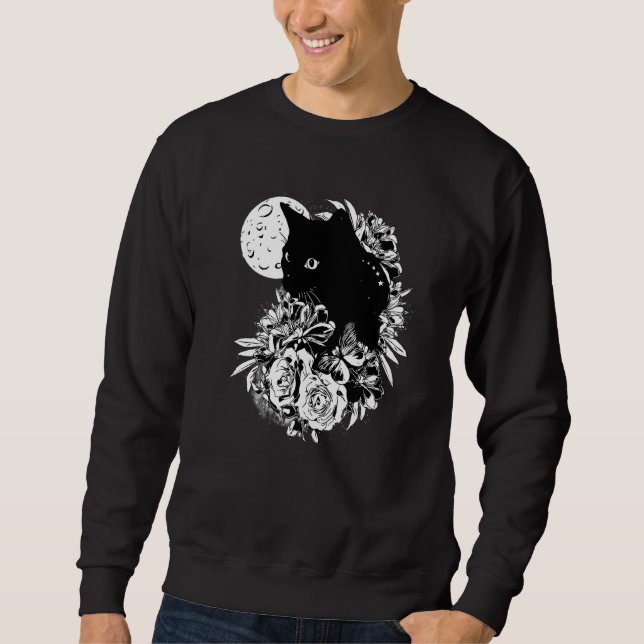 Cat Måne Nattblommor Svarta katter 1 Lång Ärmad Tröja (Framsida)