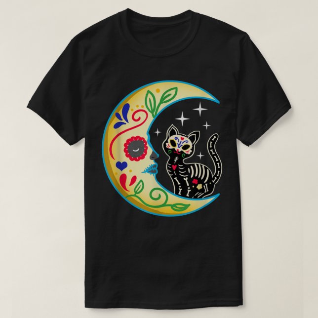 Cat & Måne Sugar Skull Dia de Los Muertos, Dagen f T Shirt (Design framsida)