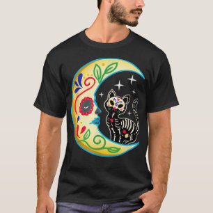 Cat & Måne Sugar Skull Dia de Los Muertos, Dagen f T Shirt