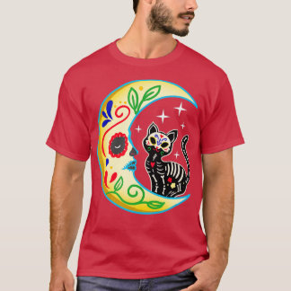 Cat & Måne Sugar Skull Dia de Los Muertos, Dagen f T Shirt