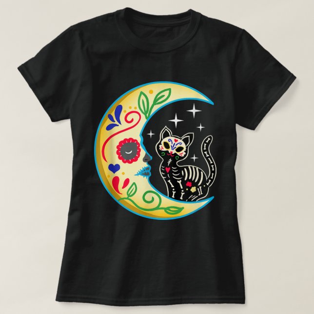 Cat & Måne Sugar Skull Dia de Los Muertos, Dagen f T Shirt (Design framsida)