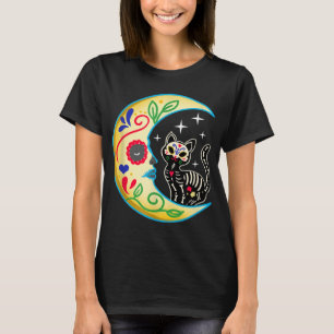Cat & Måne Sugar Skull Dia de Los Muertos, Dagen f T Shirt