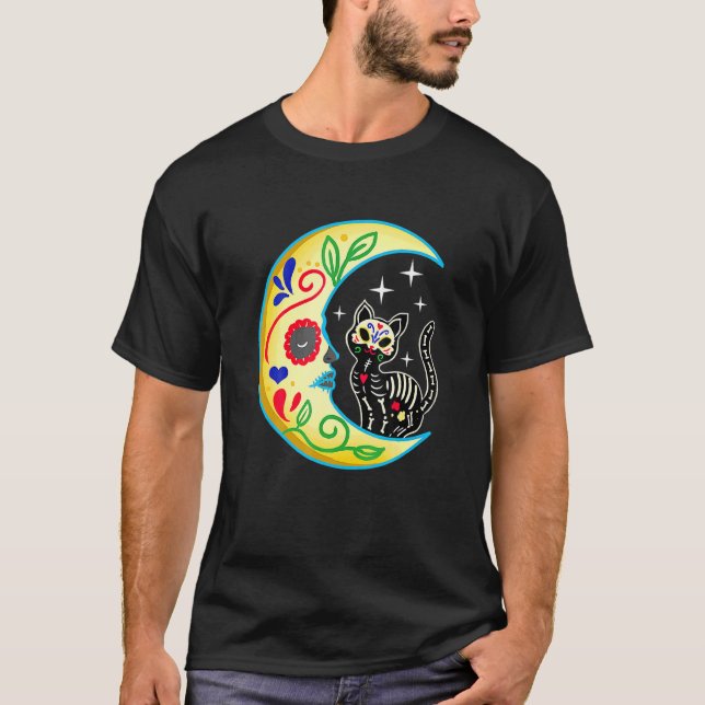 Cat Måne Sugar Skull Dia de Los Muertos Day T Shirt (Framsida)
