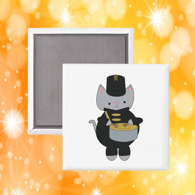 Cat Marching Band Snare Drum Black Guld Magnet (A magnet featuring a cat wearing a black & gold marching band uniform with a snare drum.)