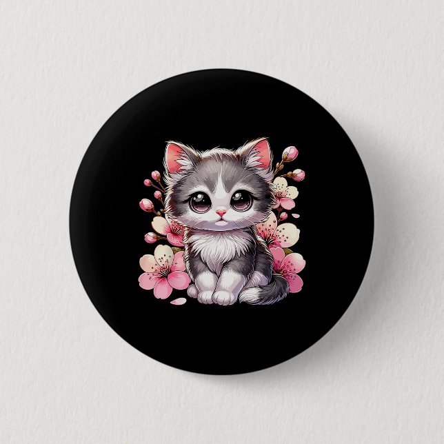 Cat med Blommar av körsbär Knapp (Framsida)
