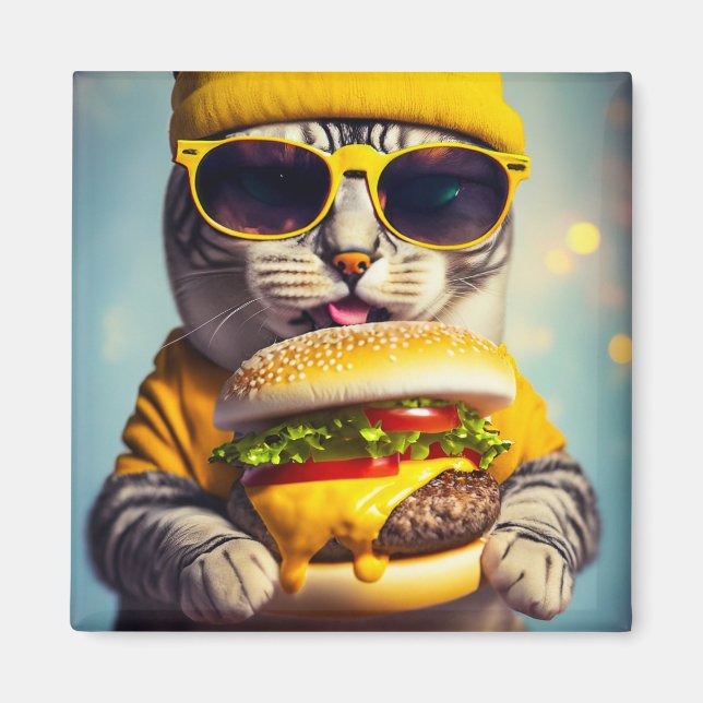 CAT MED CHEESEBURGER FUNNY FRIDGE Magnet (Framsidan)
