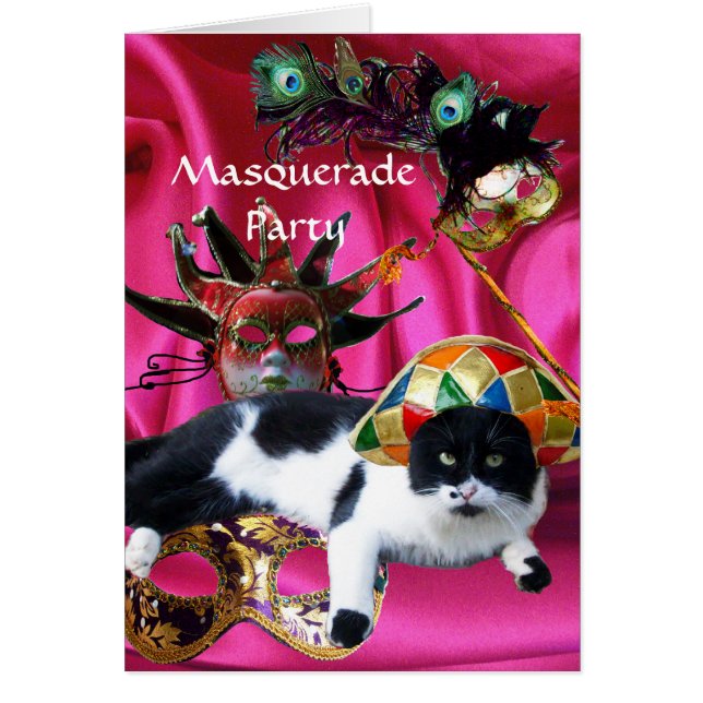 CAT MED HARLEQUIN HAT OCH MASQUERADE PARTY MASKS HÄLSNINGSKORT (Framsidan)