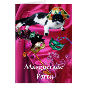 CAT MED HARLEQUIN HAT OCH MASQUERADE PARTY MASKS HÄLSNINGSKORT