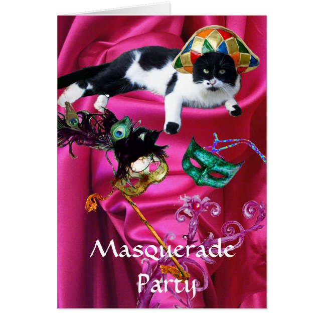 CAT MED HARLEQUIN HAT OCH MASQUERADE PARTY MASKS HÄLSNINGSKORT (Framsidan)