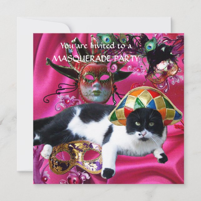 CAT MED HARLEQUIN HAT OCH MASQUERADE PARTY MASKS INBJUDNINGAR (Framsida)