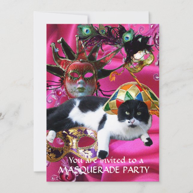 CAT MED HARLEQUIN HAT OCH MASQUERADE PARTY MASKS INBJUDNINGAR (Framsida)