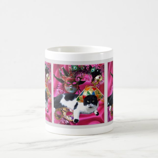 CAT MED HARLEQUIN HAT OCH MASQUERADE PARTY MASKS KAFFEMUGG (Center)