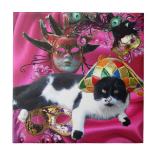 CAT MED HARLEQUIN HAT OCH MASQUERADE PARTY MASKS KAKELPLATTA