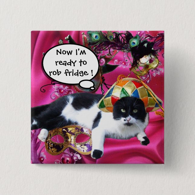 CAT MED HARLEQUIN HAT OCH MASQUERADE PARTY MASKS KNAPP (Framsida)