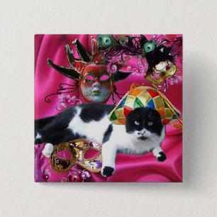 CAT MED HARLEQUIN HAT OCH MASQUERADE PARTY MASKS KNAPP