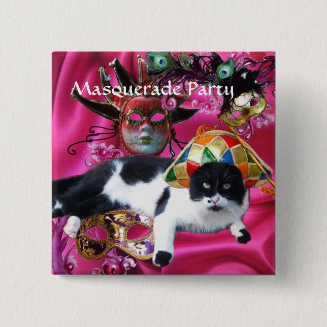 CAT MED HARLEQUIN HAT OCH MASQUERADE PARTY MASKS KNAPP (Framsida)