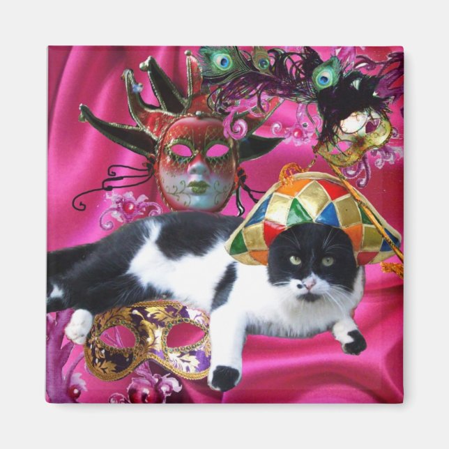 CAT MED HARLEQUIN HAT OCH MASQUERADE PARTY MASKS MAGNET (Framsidan)