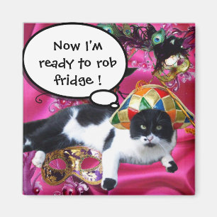 CAT MED HARLEQUIN HAT OCH MASQUERADE PARTY MASKS MAGNET