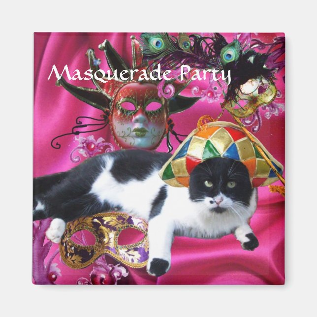 CAT MED HARLEQUIN HAT OCH MASQUERADE PARTY MASKS MAGNET (Framsidan)