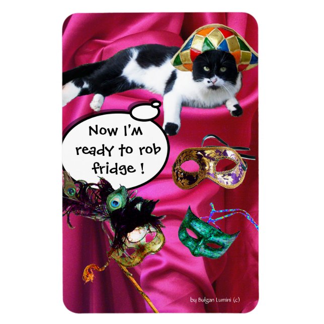 CAT MED HARLEQUIN HAT OCH MASQUERADE PARTY MASKS MAGNET (Vertikal)