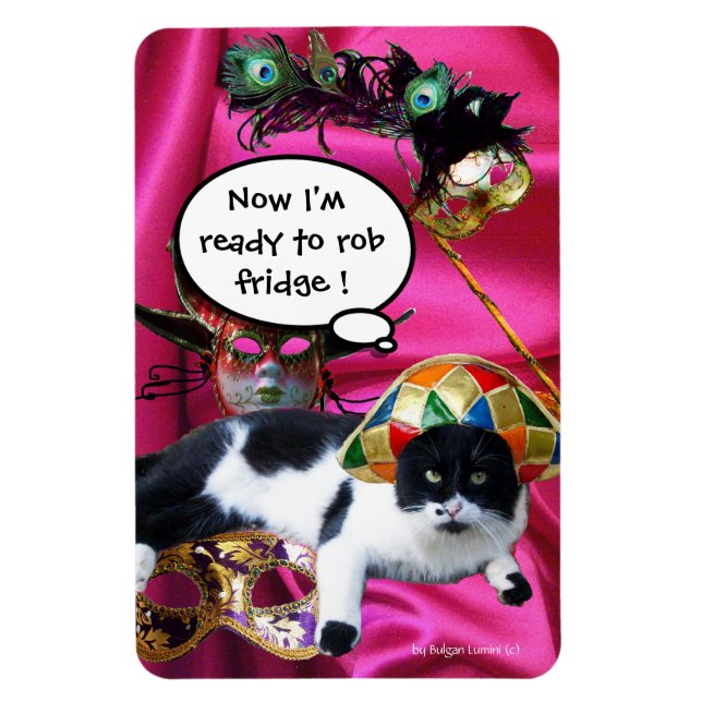 CAT MED HARLEQUIN HAT OCH MASQUERADE PARTY MASKS MAGNET (Vertikal)