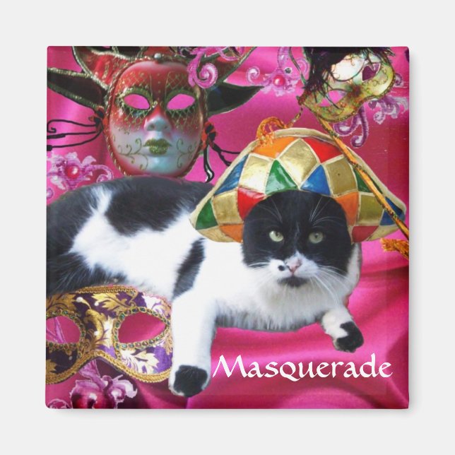 CAT MED HARLEQUIN HAT OCH MASQUERADE PARTY MASKS MAGNET (Framsidan)