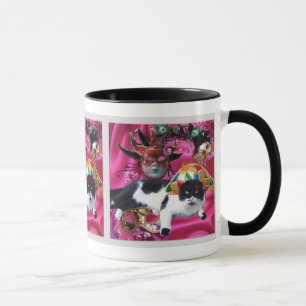 CAT MED HARLEQUIN HAT OCH MASQUERADE PARTY MASKS MUGG