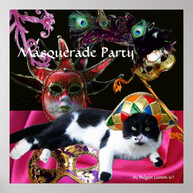 CAT MED HARLEQUIN HAT OCH MASQUERADE PARTY MASKS POSTER (Framsidan)
