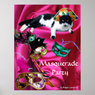 CAT MED HARLEQUIN HAT OCH MASQUERADE PARTY MASKS POSTER