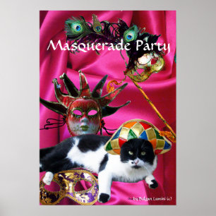 CAT MED HARLEQUIN HAT OCH MASQUERADE PARTY MASKS POSTER