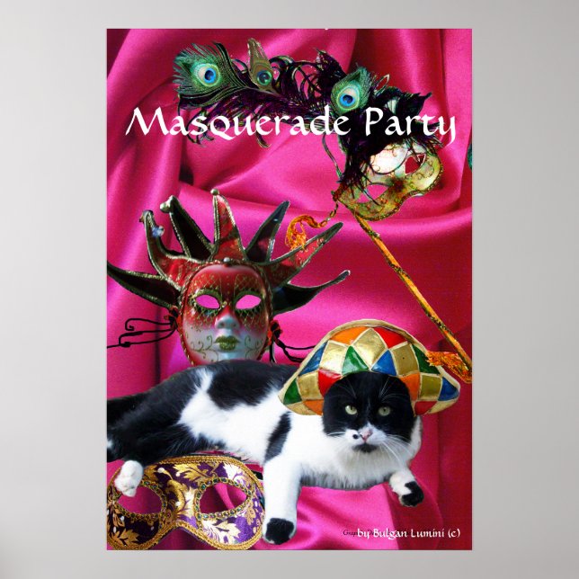 CAT MED HARLEQUIN HAT OCH MASQUERADE PARTY MASKS POSTER (Framsidan)