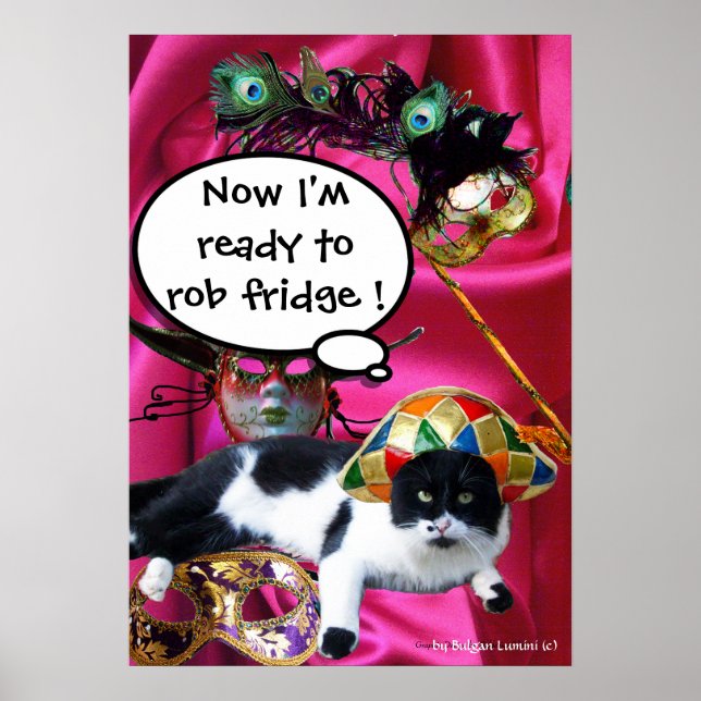 CAT MED HARLEQUIN HAT OCH MASQUERADE PARTY MASKS POSTER (Framsidan)