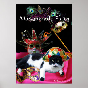 CAT MED HARLEQUIN HAT OCH MASQUERADE PARTY MASKS POSTER