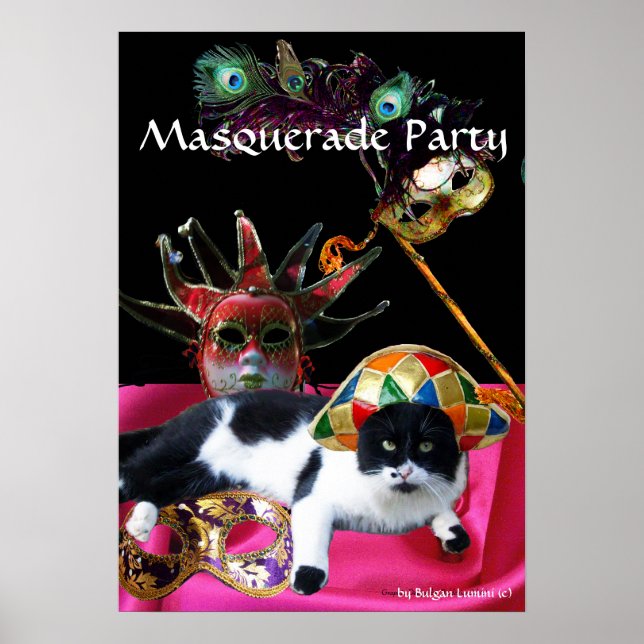 CAT MED HARLEQUIN HAT OCH MASQUERADE PARTY MASKS POSTER (Framsidan)