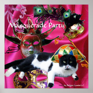 CAT MED HARLEQUIN HAT OCH MASQUERADE PARTY MASKS POSTER