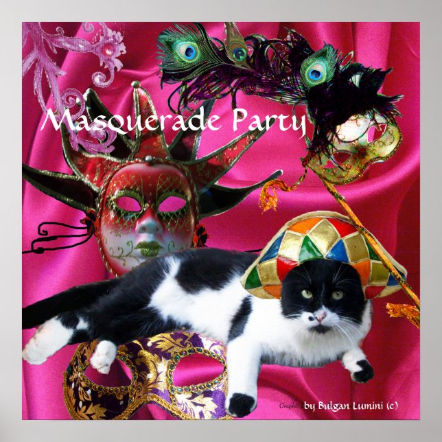 CAT MED HARLEQUIN HAT OCH MASQUERADE PARTY MASKS POSTER (Framsidan)