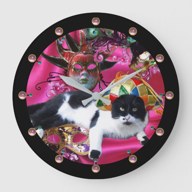 CAT MED HARLEQUIN HAT OCH MASQUERADE PARTY MASKS STOR KLOCKA (Framsida)