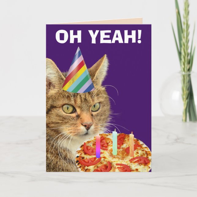 CAT MED PIZZA FUNNY BIRTHDAY GREETY CARDS KORT (Framsida)