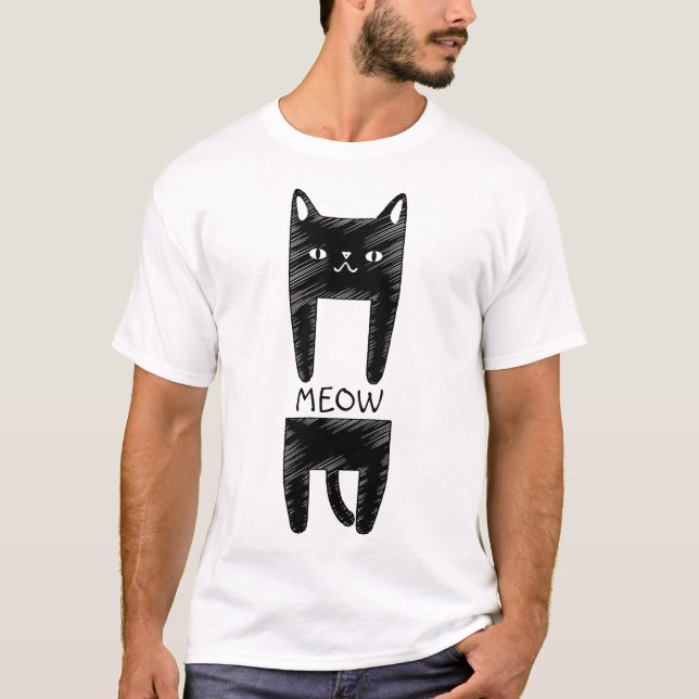 Cat Meow | Funny Black Cat Sketch T Shirt (Framsida)