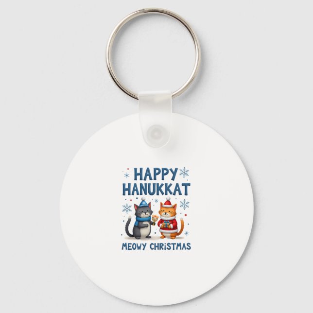 Cat Merry Christmas Happy Hanukkah Jewish Christia Nyckelring (Framsida)