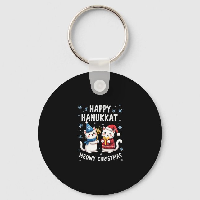 Cat Merry Christmas Happy Hanukkah Jewish Christia Nyckelring (Framsida)