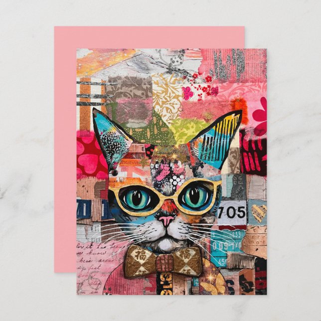 Cat Mixed Mixed Paper Collage Greeting Card Inbjudningar (Fram/baksida)