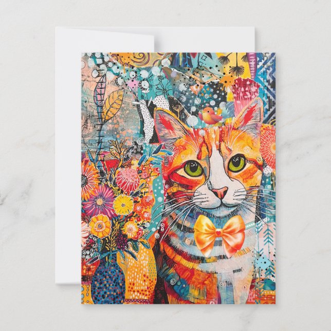 Cat Mixed Mixed Paper Collage Greeting Card Kort (Framsida)