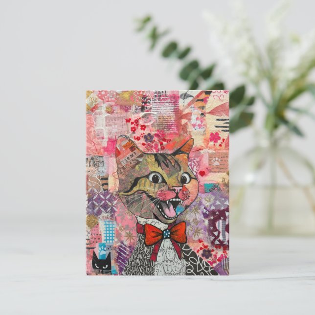 Cat Mixed Mixed Paper Collage Greeting Card Tack Kort (Stående Fram)