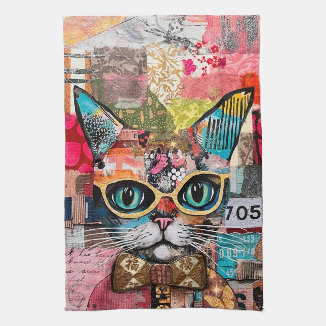 Cat Mixed Mixed Paper Collage Kitchen Towel Kökshandduk (Vertikal)