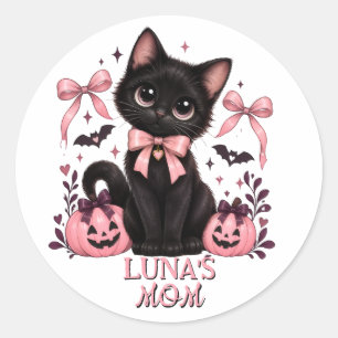 Cat Mom Coquette Svart Katt, Cat Mom Halloween  Runt Klistermärke
