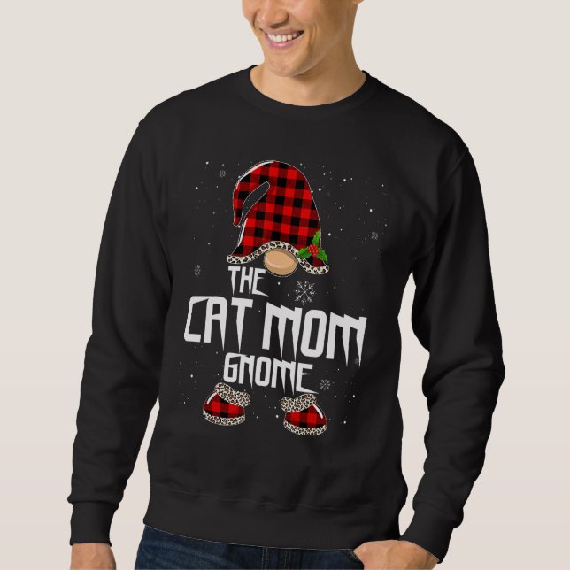 Cat Mom Gnome Buffalo Plaid Matching Family Christ Lång Ärmad Tröja (Framsida)
